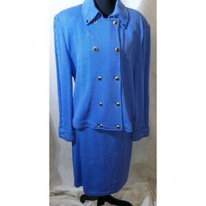 St. John Collection Marie Gray 2 Piece Skirt Suit Set Womens 14/10 Blue Knitted
